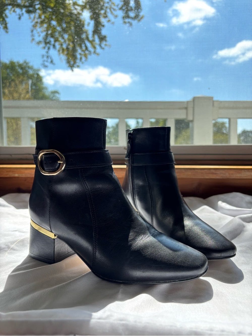 Talbots Black Leather Ankle Boots with Gold Accent Buckle